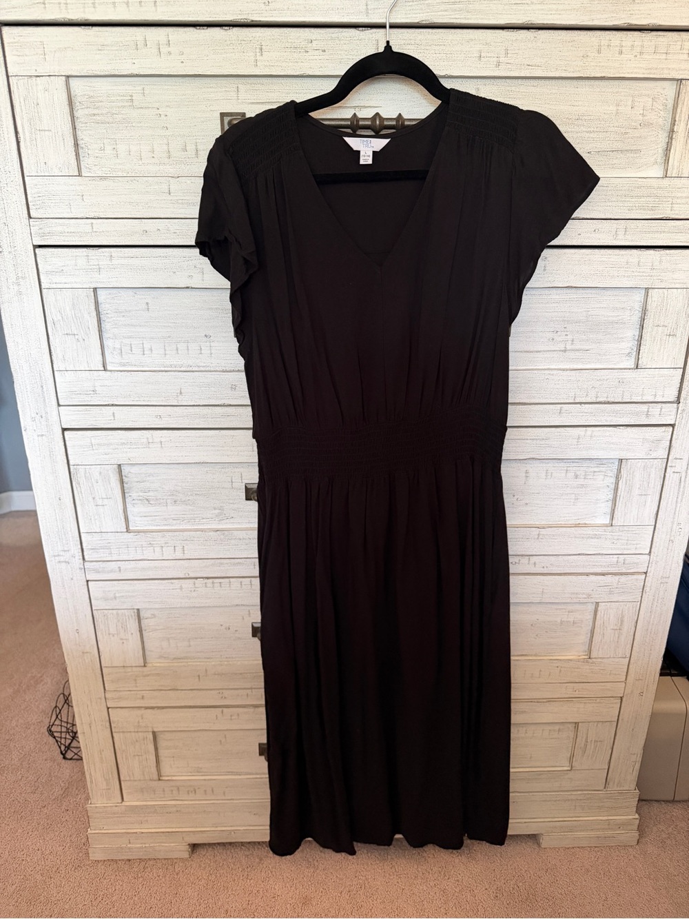 Time and Tru Black V-Neck Smocked Waist Midi Dress